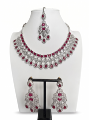 Silver-Tone AD Bridal Necklace Set with Earrings & Maang Tikka – 8 Colors