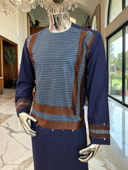 Large Navy Blue Afghan Parahan Tunban with Brown Machine Embroidery Detail