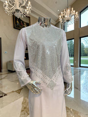 Medium White Cotton-Poly Shesha Mirror Work 2-Piece Afghan Outfit – Traditional Men’s Wear