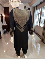 Men’s Black Parahan Tumban with Shesha Mirror Work – Machine-Embellished Afghan Outfit – Small Size