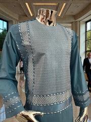 Medium Turquoise Blue Afghan Kameez with White Khamakdozi Embroidery