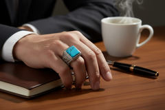 Vintage Turquoise Stone Signet Ring – Silver Tone Statement Ring