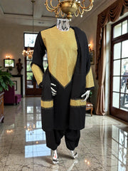 Men’s Black Parahan Tumban with Gold Embroidery & Matching Shawl | Afghan Traditional Outfit Large to X-Large
