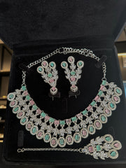 Luxury Pastel Pink & Mint American Diamond Bridal Jewelry Set with Maang Tikka | Premium Brass Statement Necklace & Earrings Gift Box Included 6033