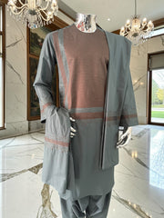 Medium Premium Olive Green & Brown Machine Embroidered Parahan Tunban Set with Matching Chadder