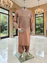 Small Men’s Tan Parahan Tumban with White & Tan Embroidery Afghan Kameese shalwar