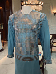 Medium Afghan Parahan Tunban for Men – Teal Blue Machine Embroidery