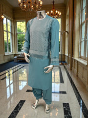 Men’s Teal Kameez with White and Teal Machine Embroidery – Medium Size | Premium Afghan Traditional Wear