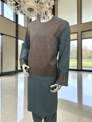 X-Large Men’s Slate Teal & Bronze Embroidered 3-Piece Parahan Tunban with Matching Tunban & Shawl | Afghan Traditional Outfit 7222