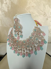 Pastel Pink & Aqua Kundan Bridal Jewelry Set with Earrings and Maang Tikka | Rose Gold Indian Pakistani Afghan Wedding Necklace 6051