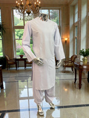 Men’s White Parahan Tumban with Matching Machine Embroidery – Traditional Afghan Outfit, Medium