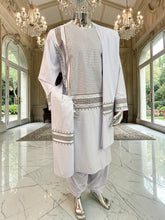 Large Premium White Parahan Tunban Set with Brown Machine Embroidery Pattu/Chadder