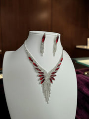 Crystal Rhinestone Statement Necklace & Earrings Set – Silver-Tone Leaf Design with Tassel, 7 Color Options