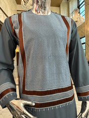 Medium Steel Blue Parahan Tunban with White & Brown Embroidery | Premium Afghan Traditional Wear