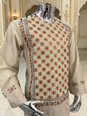 Men’s Cream Hand-Embroidered Afghan Parahan Tunban with Shawl – 3-Piece Set 5023
