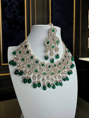 Emerald Green Kundan Bridal Jewelry Set with Earrings & Maang Tikka | Rose Gold Indian Pakistani Afghan Wedding Necklace 6046