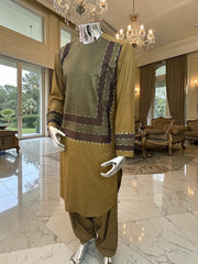 Small Men’s Henna Green Color Afghan Parahan Tunban Set with Premium Machine Embroidery