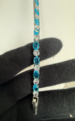 Aqua Blue Oval Crystal Tennis Bracelet – Silver Tone Sparkling Statement Jewelry 7092