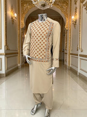 Men’s Cream Hand-Embroidered Afghan Parahan Tunban with Shawl – 3-Piece Set 5023