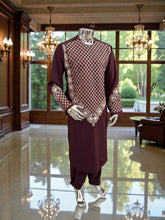 Men’s Maroon Kameez with Gold and White Machine Embroidery – Large Tall | Luqmaan Boutique