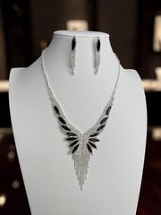 Crystal Rhinestone Statement Necklace & Earrings Set – Silver-Tone Leaf Design with Tassel, 7 Color Options