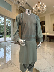 Medium Olive Green Afghan Parahan Tunban with Premium Machine Embroidery for Men