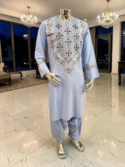 Small Sky Blue Handmade Mirror Embroidered Afghan Parahan Tunban Set with Chadder