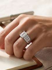 925 Sterling Silver Emerald-Cut Statement Ring with Pavé Stones – Size 10. 042
