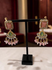 Mint Green & Pink Beaded Kundan Necklace and Earrings Set. 074