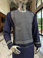 Large Navy Blue Afghan Parahan Tunban Set with Premium Machine Embroidery