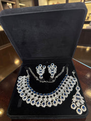 Luxury Navy Blue American Diamond Bridal Jewelry Set with Maang Tikka | Premium Brass Statement Necklace & Earrings | Gift-Ready Jewelry Box Included 6035