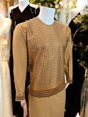 Afghan Parahan Tunban for Men Machine Embroidered Beige Gold Traditional Wear Medium