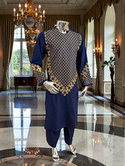 Men’s Navy Blue Kameez – Navy with Gold Machine Embroidery | XL Size Afghan Traditional Wear