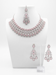 Silver-Tone AD Bridal Necklace Set with Earrings & Maang Tikka – 8 Colors