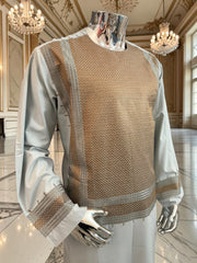 X-Large Blue-Gray Afghan Shalwar Kameez with Bronze Embroidery Yakhandozi | Luxury Men’s Traditional Wear