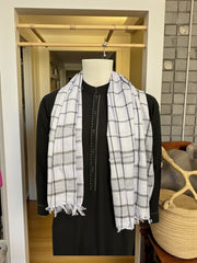 White and Black Cotton Shawl – Lightweight Traditional Men’s Afghan Scarf with Fringes 54”x54”