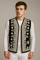 Men’s Black Velvet Chermadozi Vest | Handmade Traditional Afghan Waistcoat medium to Large