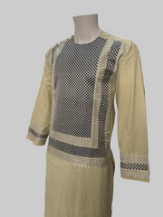 Men’s Beige Kameez with Black and Matching Machine Embroidery – Afghan Traditional Wear | Luqmaan Boutique (Medium)