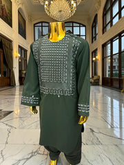 Traditional Afghan Clothing for Boys – Forest Green Embroidered Set Design 23