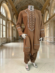 Men’s Brown Hand-Embroidered Afghan Parahan Tunban with Matching Shawl in Small, Medium, or Large