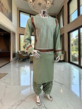 Large Sage Green Afghan Parahan Tunban with Premium Machine Embroidery