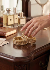 Zareen Pearl & Kundan Statement Bangles – Gold-Tone Bridal Bangle Set of 2 | 2 Sizes