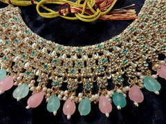 Traditional Indian Afghan 4-Piece Bridal Jewelry Set – Gold Tone Choker Necklace, Earrings, Maang Tikka & Headpiece with Pastel Pink & Mint Stones | Ethnic Wedding Jewelry 020