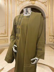 Men’s Olive Green Hand-Embroidered Afghan Parahan Tunban with Shawl – 3-Piece Set 5033