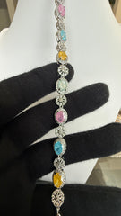 Multicolor Oval Crystal Halo Tennis Bracelet – Silver Tone Sparkling Statement Jewelry 7113
