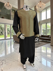 X-Large Afghan Parahan Tunban Kameese Shalwar Black Gold Machine Embroidery