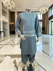 Small Steel Blue Embroidered Men’s Shalwar Kameez Set Yakhandozi | Premium Traditional Wear