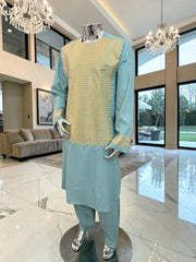 X-Large Turquoise Afghan Parahan Tunban for Men with Machine Embroidery