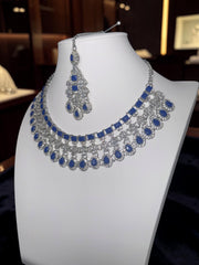 Luxury Sapphire Blue American Diamond Bridal Jewelry Set with Maang Tikka | Premium Brass Statement Collar Necklace, Earrings & Gift Box Included 6036