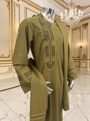 Men’s Olive Green Hand-Embroidered Afghan Parahan Tunban with Shawl – 3-Piece Set 5033